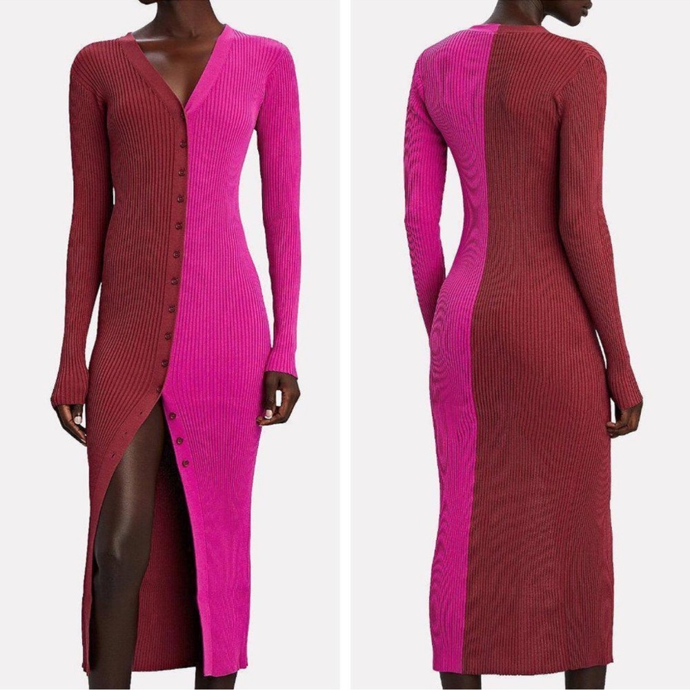 STAUD Two-Tone Ribbed Midi Dress in Pink and Wine
